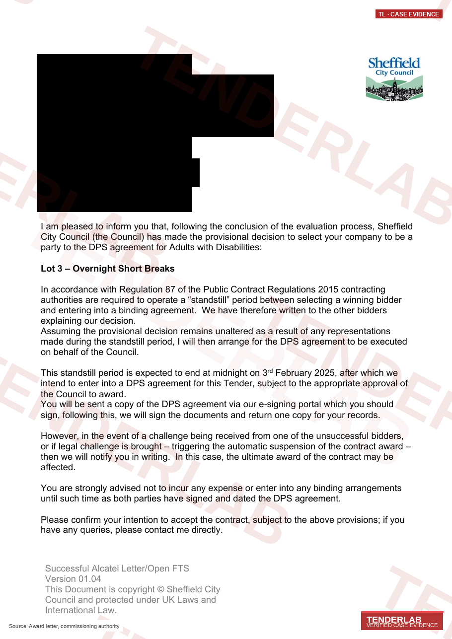 Award letter — Sheffield Adults with Disabilities DPS, Lot 3 Overnight Short Breaks 2025